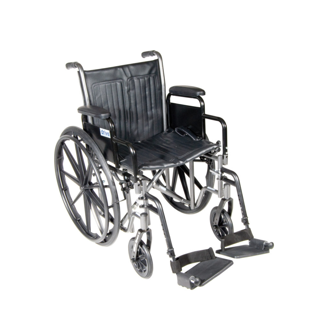 The Drive Medical Silver Sport 2 Wheelchair, featuring large rear wheels, small front wheels, a black seat and backrest, armrests, and footrests, is shown against a white background.